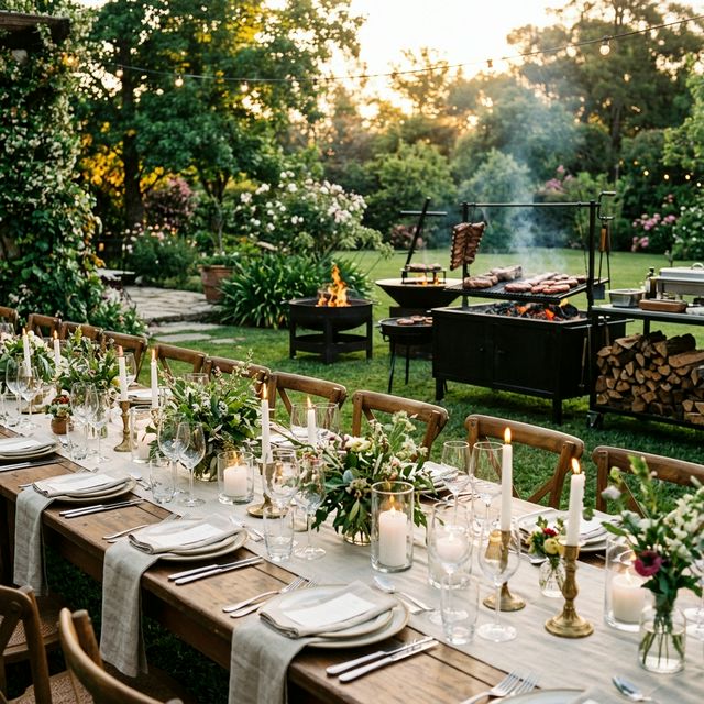 Evento gourmet de fuegos argentinos en jardín premium